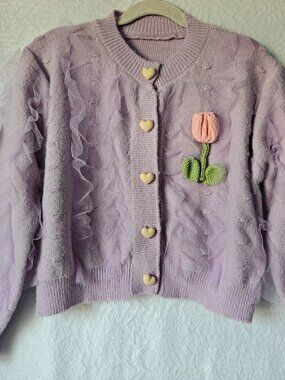 Girls Pastel Lavender Knit Cardigan with 3D Tulip & Heart Buttons
